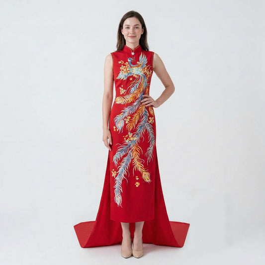 Crimson Plumes on Golden Boughs QiPao/Cheongsam
