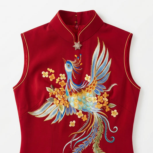 Crimson Plumes on Golden Boughs QiPao/Cheongsam