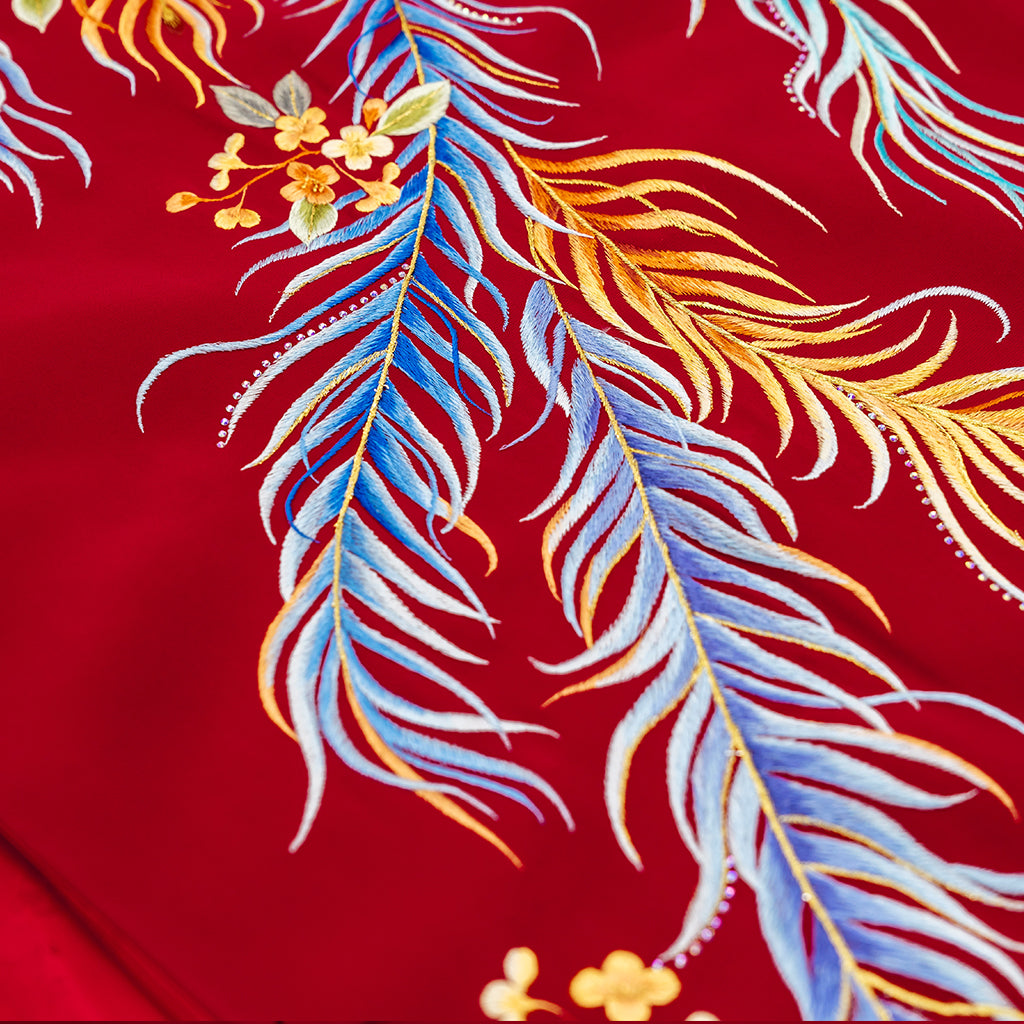 Crimson Plumes on Golden Boughs QiPao/Cheongsam
