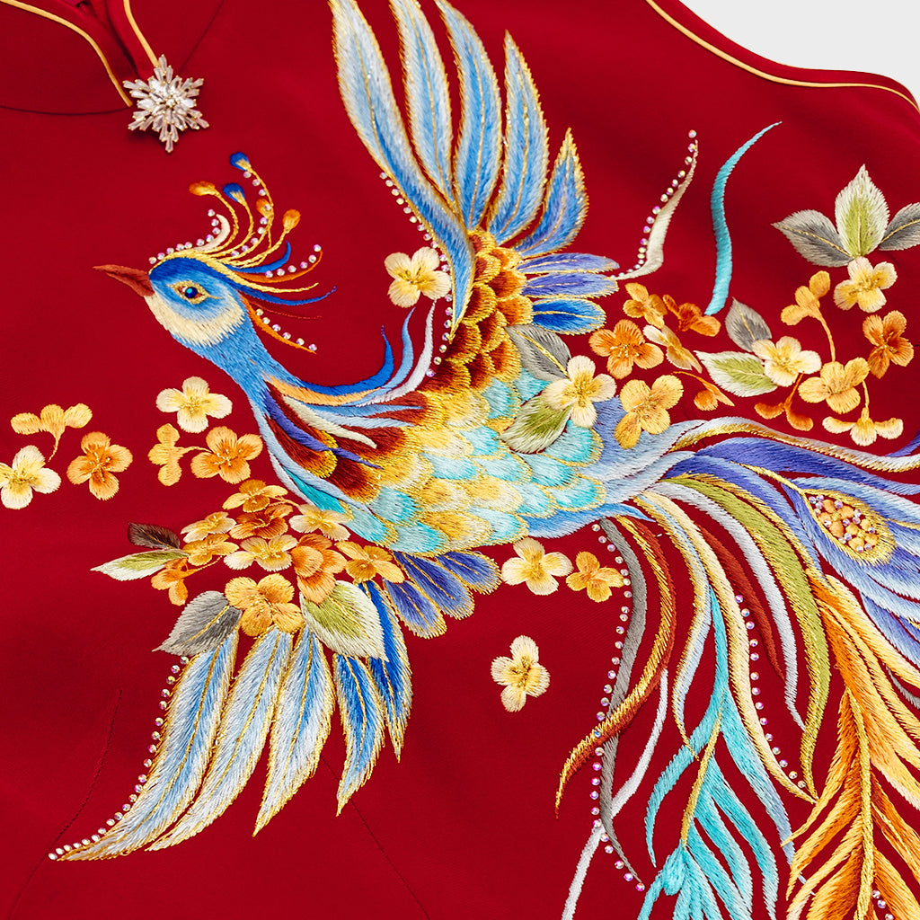 Crimson Plumes on Golden Boughs QiPao/Cheongsam